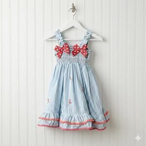 Good Lad Seersucker Sundress Girls 3T Blue White Stripe Flamingo Bows